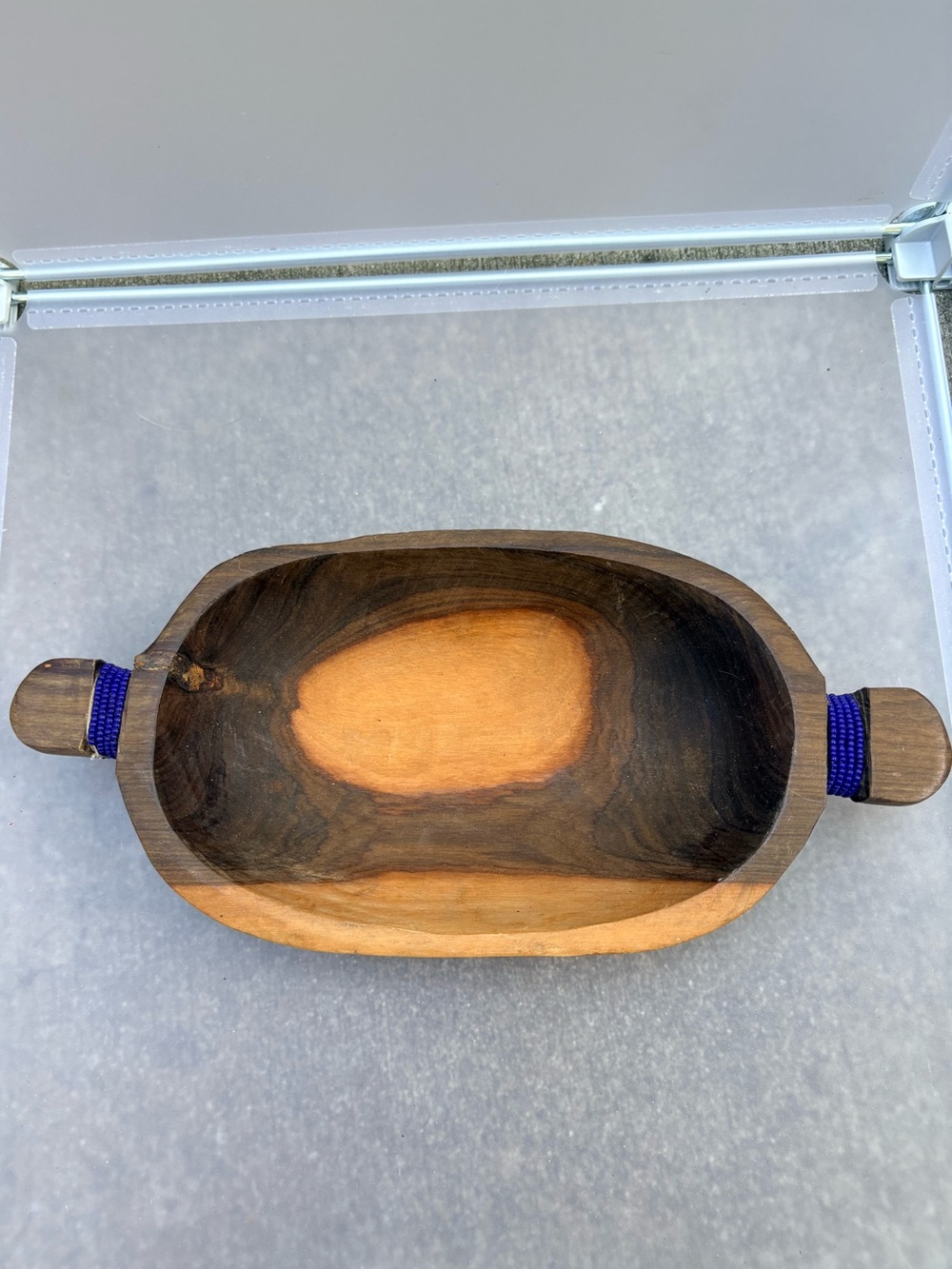 Hand-Carved Wooden Bowl / Trinket Tray with Blue Beaded Handles